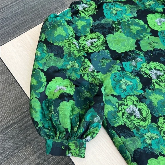 NEW Pomander Place Tuckernuck green floral jacquard Samantha dress puff sleeves - Picture 12 of 13